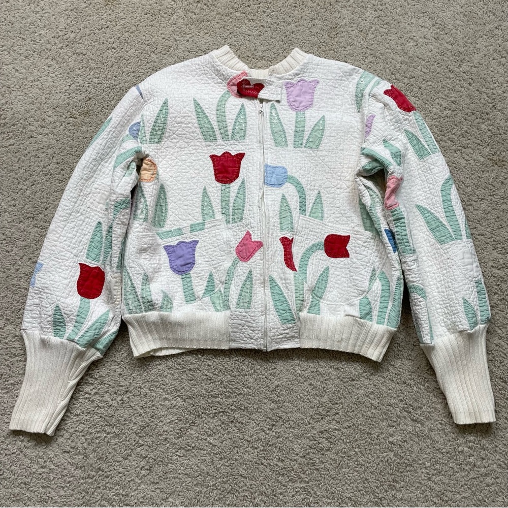 VINTAGE Women's HAND MADE Cotton QUILT Patchwork COLORFUL TULIP Bomber JACKET